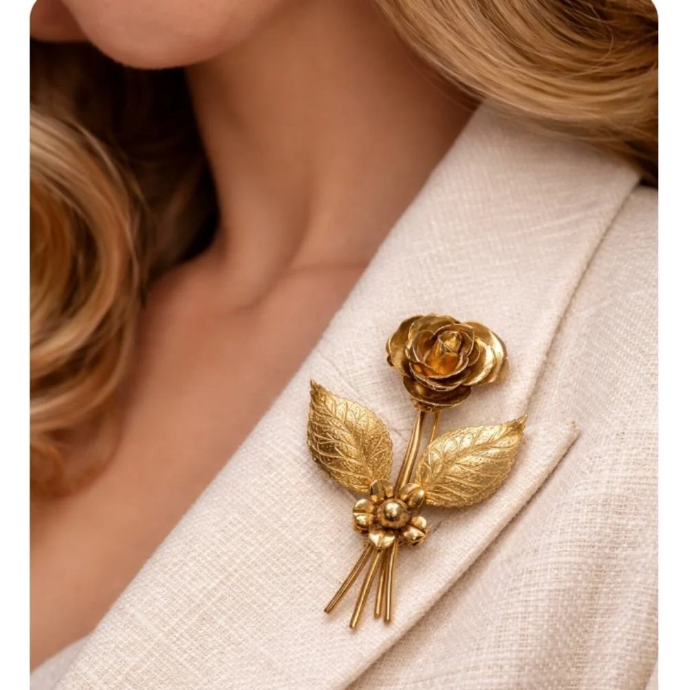 Vintage Coro Gold-Tone Rose Brooch | Signed Floral Pin with Textured Leaves
